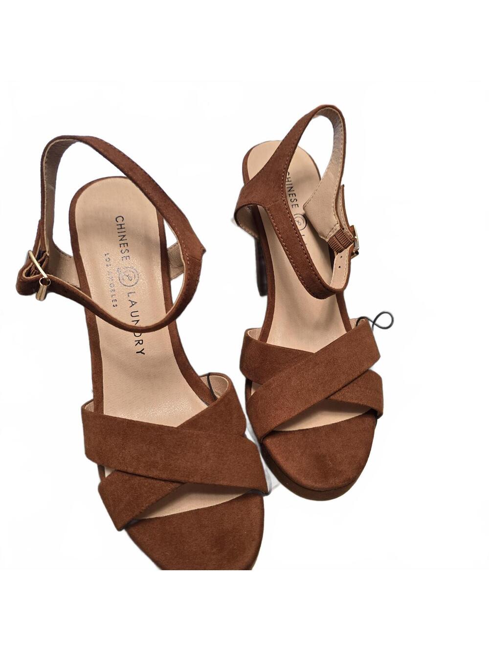 New Chinese Laundry Brown Suede Cross-Strap Block Heel Sandals Size 8.5